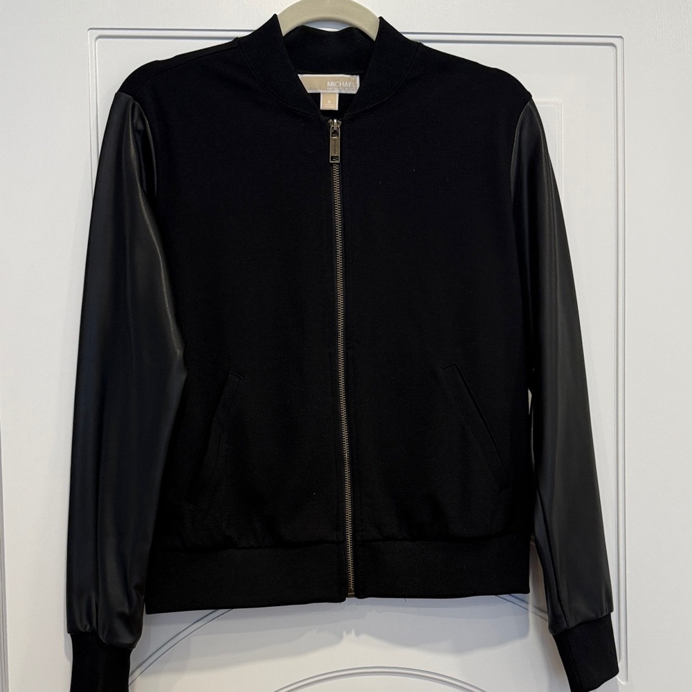 Michael Kors Black Bomber Jacket with Faux Leather Sleeves
